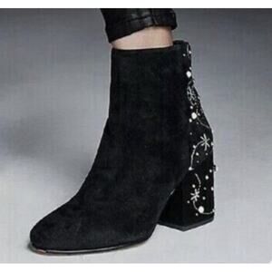 Sam Edelman Taft Suede Pearl Star Embroidered Block Heel Ankle Booties Size 7.5